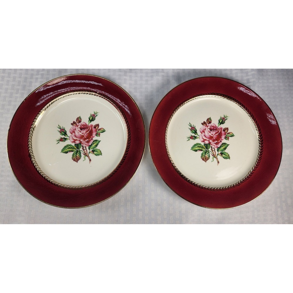 2 Vintage Stetson 22kt Gold Dinner Plates Lady Marlow Rose Burgundy 10"